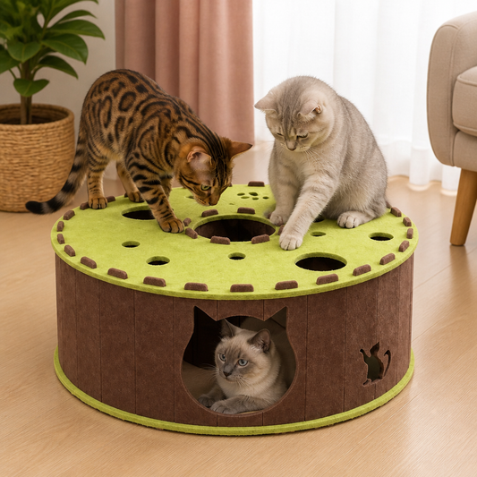 4-in-1-Faltbares Katzen-Tunnelhaus – Interaktives Versteck, Kratzbaum und Spielbett
