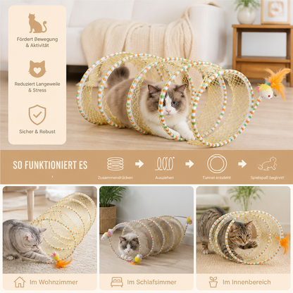 Faltbarer spiralförmiger Katzen-Spieltunnel mit Feder-Glöckchen
