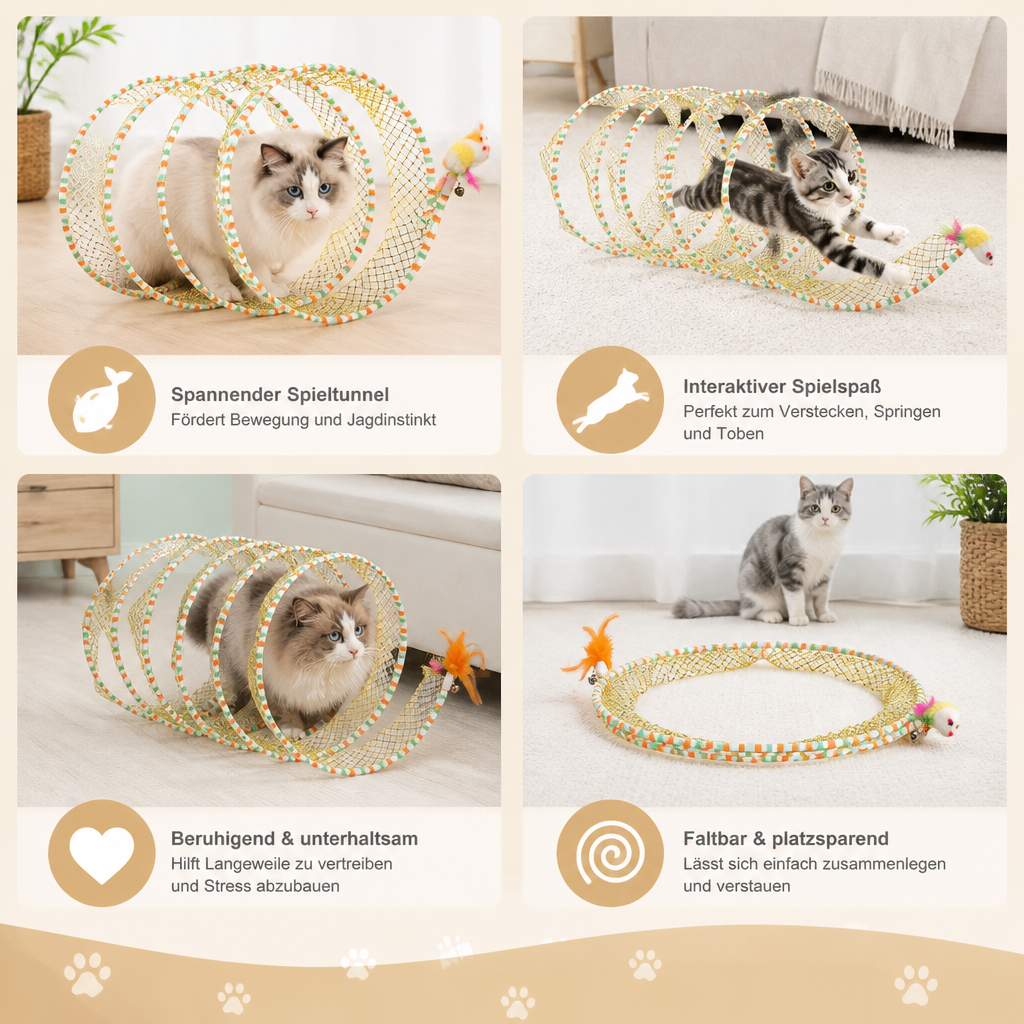 Faltbarer spiralförmiger Katzen-Spieltunnel mit Feder-Glöckchen