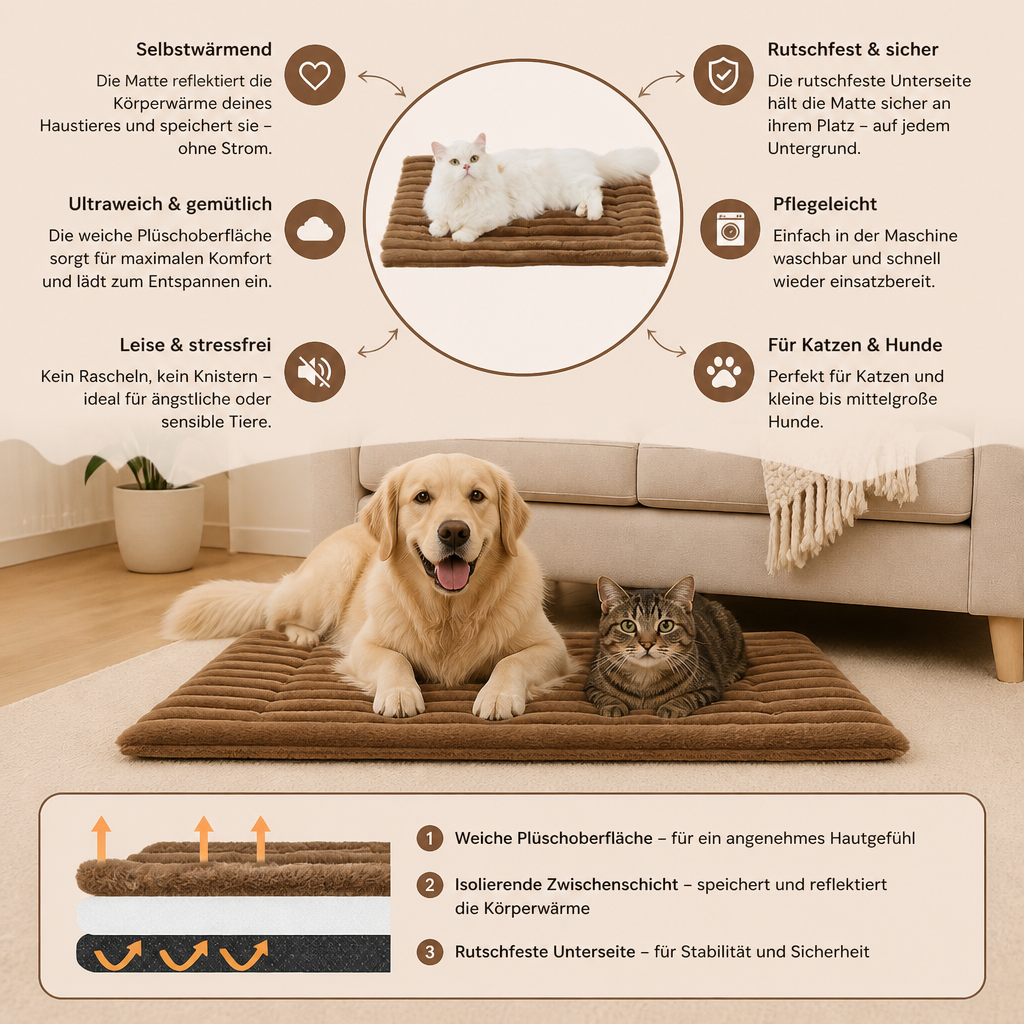 Selbstwärmende Haustiermatte für Katzen & Hunde – Leise, rutschfest & ohne Strom