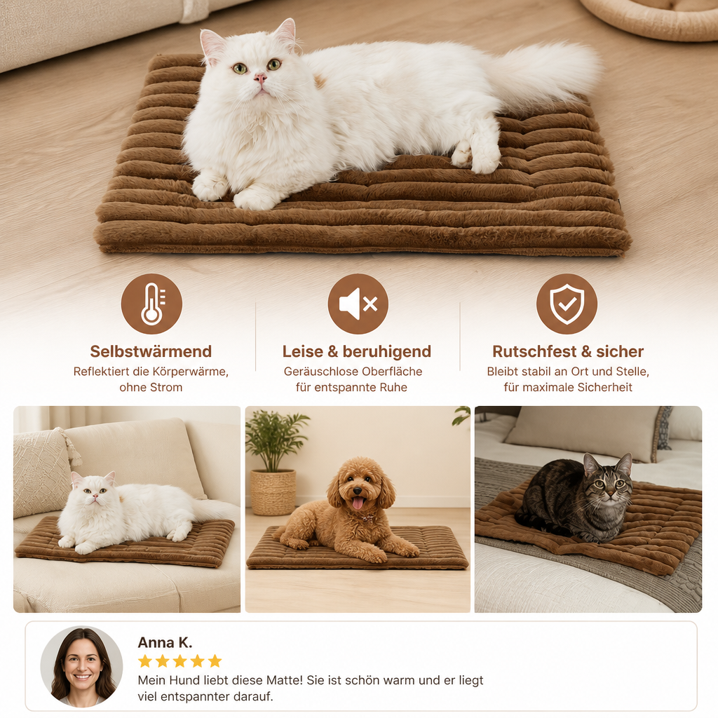 Selbstwärmende Haustiermatte für Katzen & Hunde – Leise, rutschfest & ohne Strom