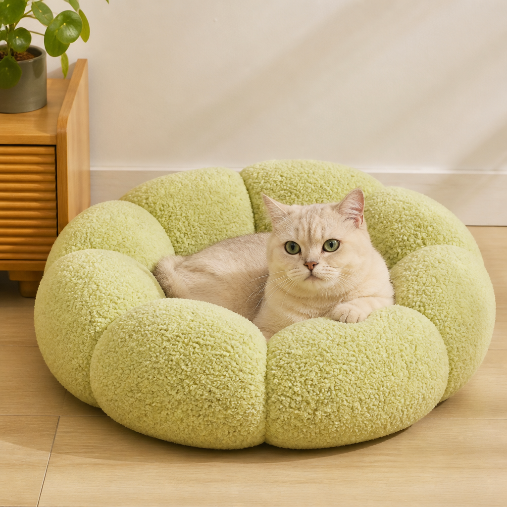 Luxuriöses flauschiges Donut-Katzenbett mit Blumenmuster – Weiches & waschbares Rundkissen