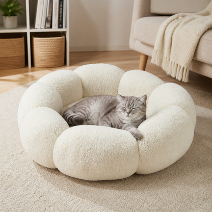 Luxuriöses flauschiges Donut-Katzenbett mit Blumenmuster – Weiches & waschbares Rundkissen