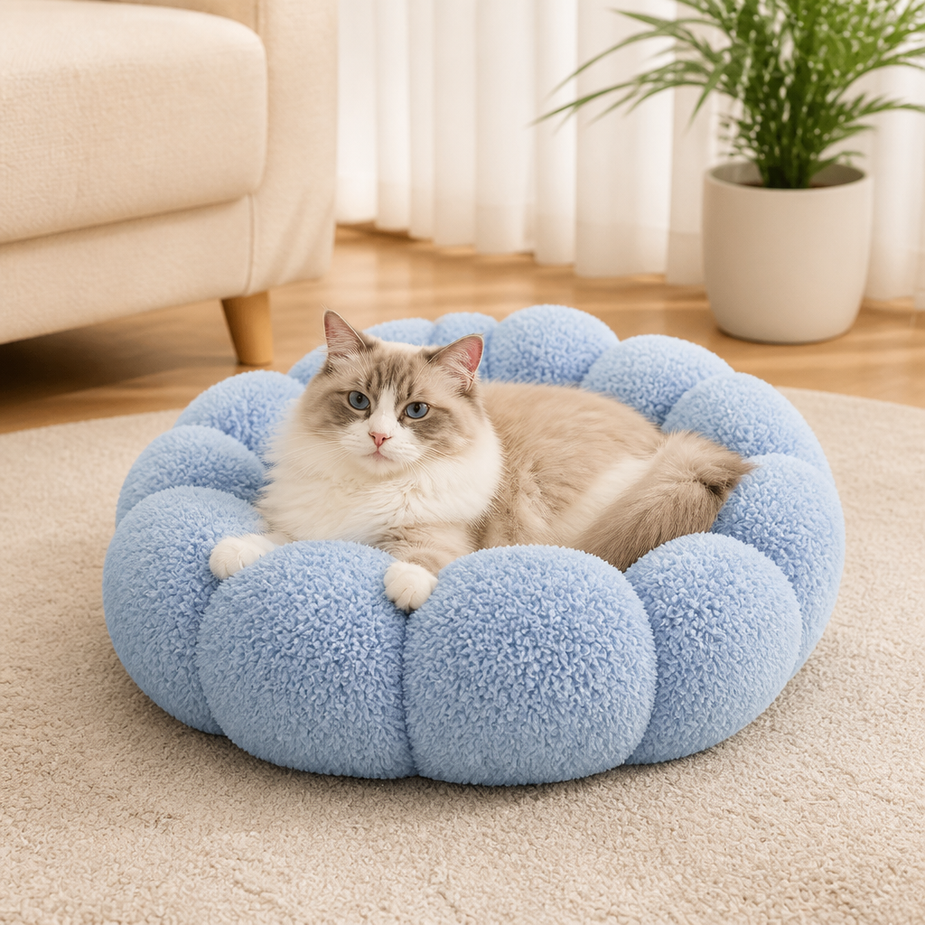 Luxuriöses flauschiges Donut-Katzenbett mit Blumenmuster – Weiches & waschbares Rundkissen