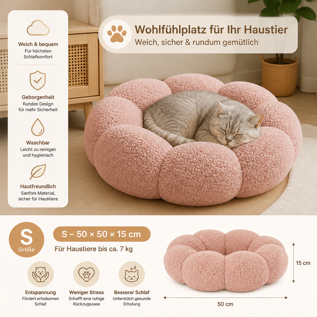 Luxuriöses flauschiges Donut-Katzenbett mit Blumenmuster – Weiches & waschbares Rundkissen