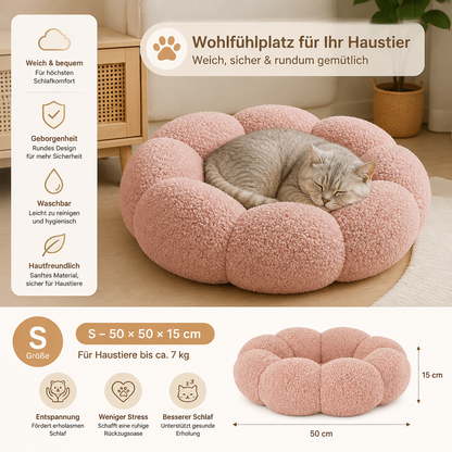 Luxuriöses flauschiges Donut-Katzenbett mit Blumenmuster – Weiches & waschbares Rundkissen