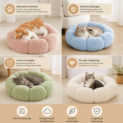 Luxuriöses flauschiges Donut-Katzenbett mit Blumenmuster – Weiches & waschbares Rundkissen