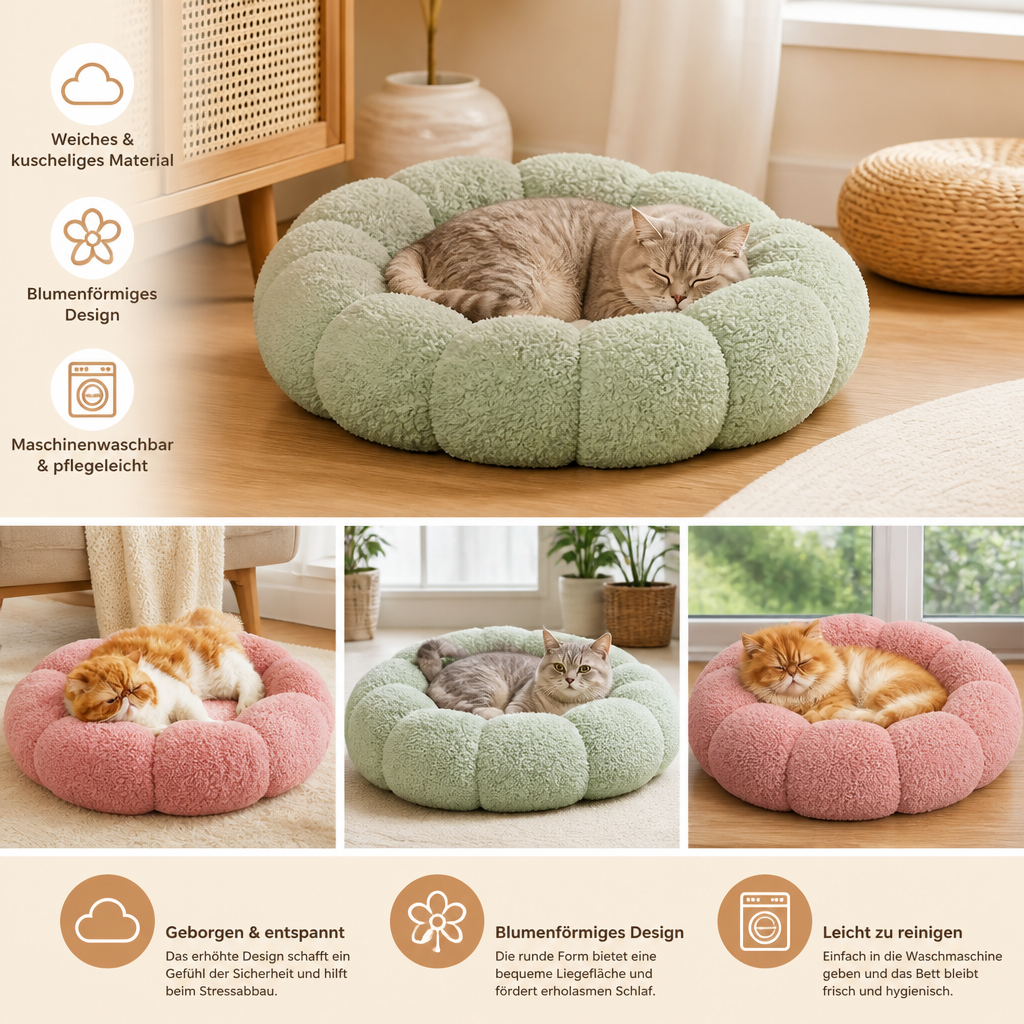 Luxuriöses flauschiges Donut-Katzenbett mit Blumenmuster – Weiches & waschbares Rundkissen