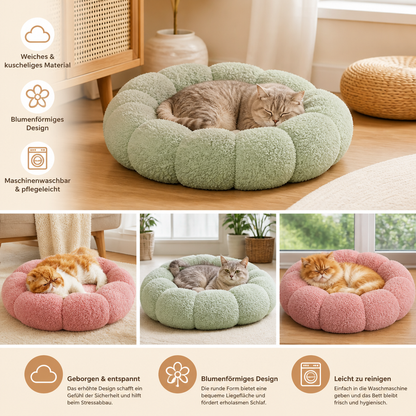 Luxuriöses flauschiges Donut-Katzenbett mit Blumenmuster – Weiches & waschbares Rundkissen
