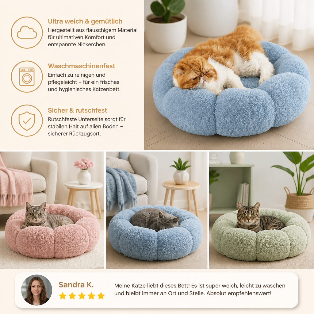 Luxuriöses flauschiges Donut-Katzenbett mit Blumenmuster – Weiches & waschbares Rundkissen