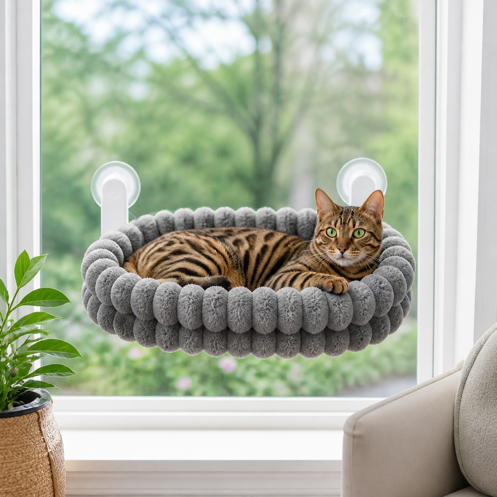 Flauschige kabellose faltbare Katzen-Fensterhängematte mit starken Saugnäpfen & waschbarem Bezug