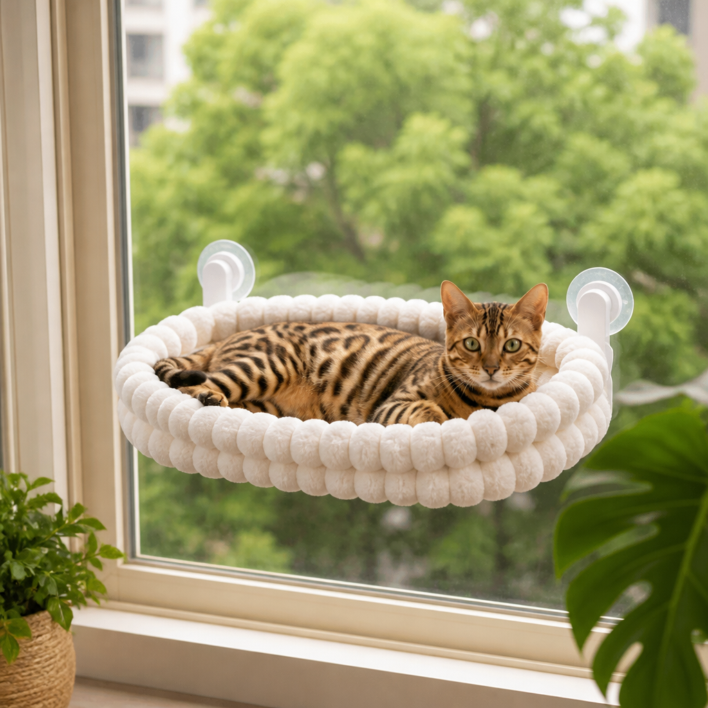 Flauschige kabellose faltbare Katzen-Fensterhängematte mit starken Saugnäpfen & waschbarem Bezug
