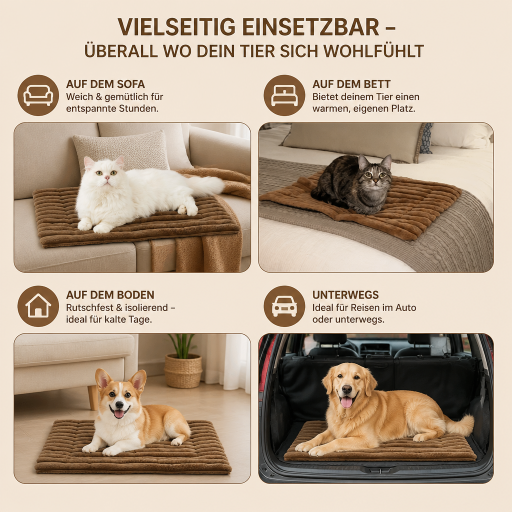 Selbstwärmende Haustiermatte für Katzen & Hunde – Leise, rutschfest & ohne Strom