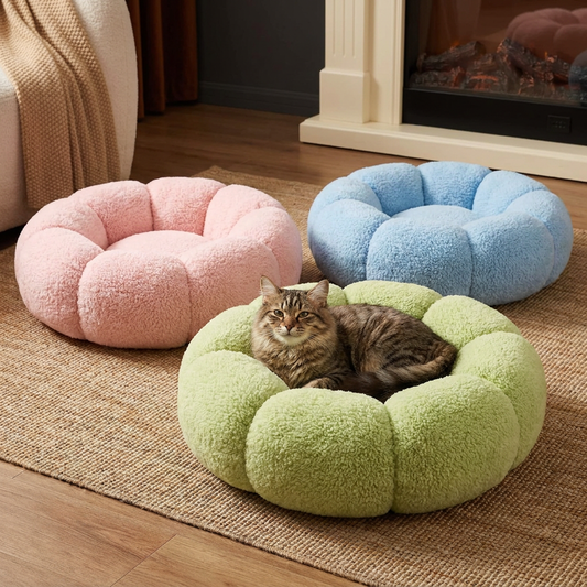 Luxuriöses flauschiges Donut-Katzenbett mit Blumenmuster – Weiches & waschbares Rundkissen
