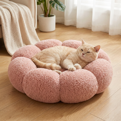 Luxuriöses flauschiges Donut-Katzenbett mit Blumenmuster – Weiches & waschbares Rundkissen