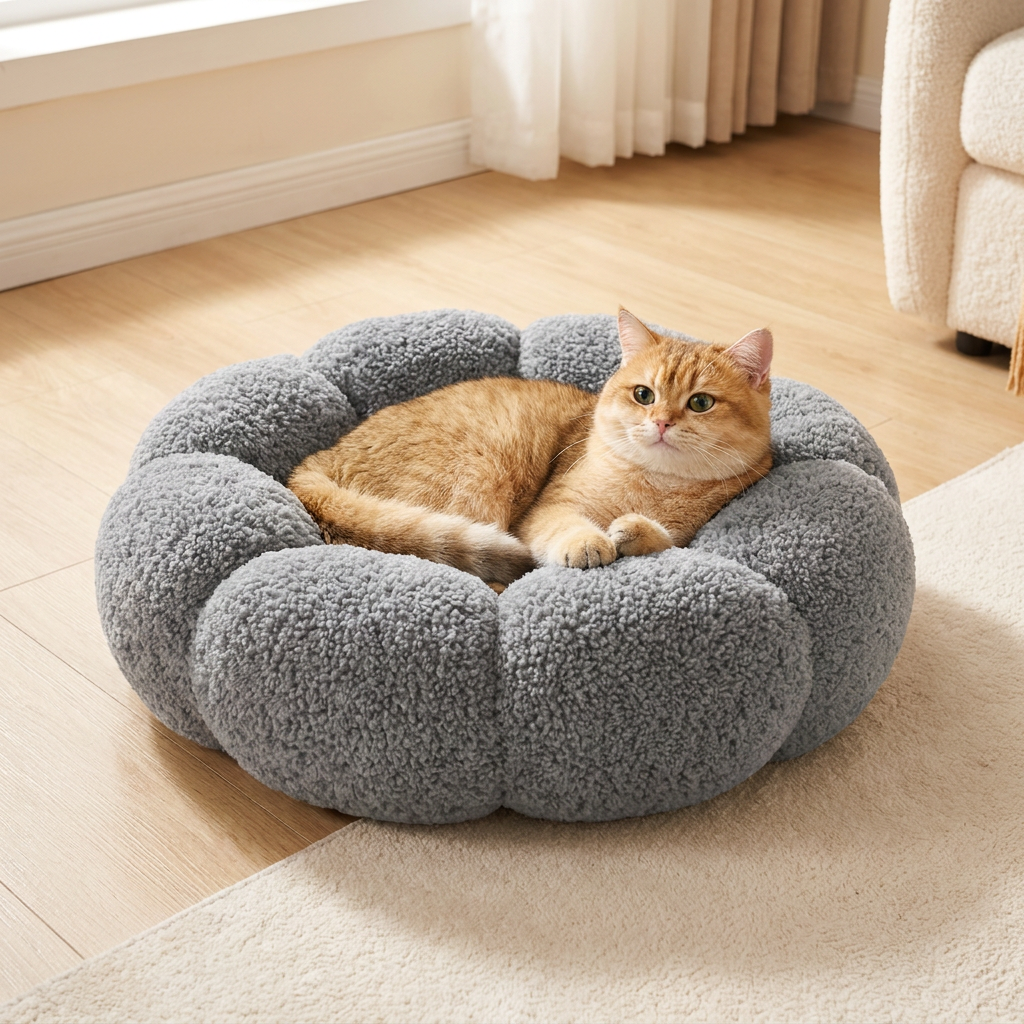 Luxuriöses flauschiges Donut-Katzenbett mit Blumenmuster – Weiches & waschbares Rundkissen
