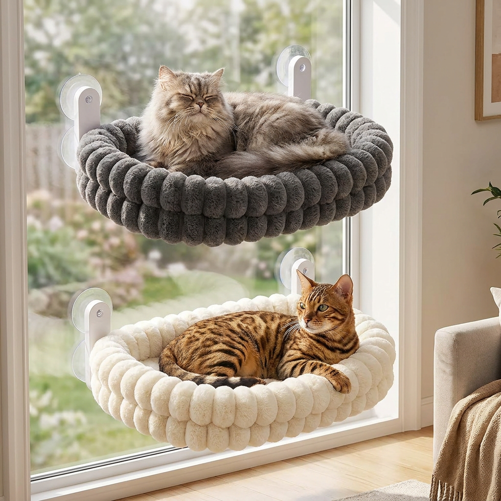Flauschige kabellose faltbare Katzen-Fensterhängematte mit starken Saugnäpfen & waschbarem Bezug