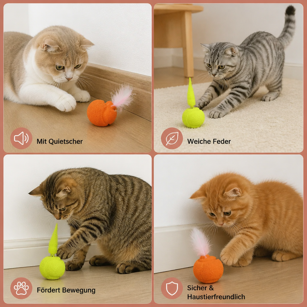 2er-Pack interaktive Katzenbälle – Plüschfeder-Schwanz und Quietschgeräusch