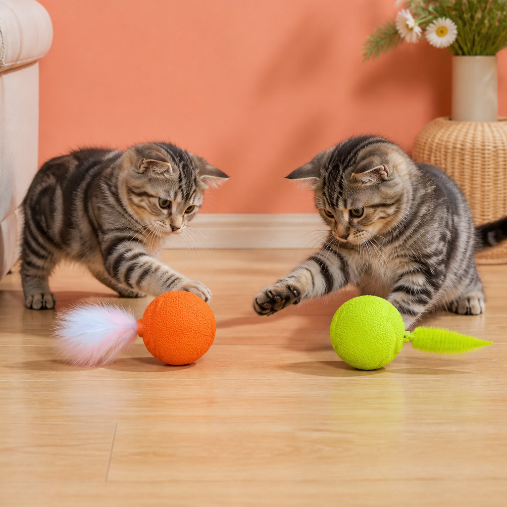 2er-Pack interaktive Katzenbälle – Plüschfeder-Schwanz und Quietschgeräusch