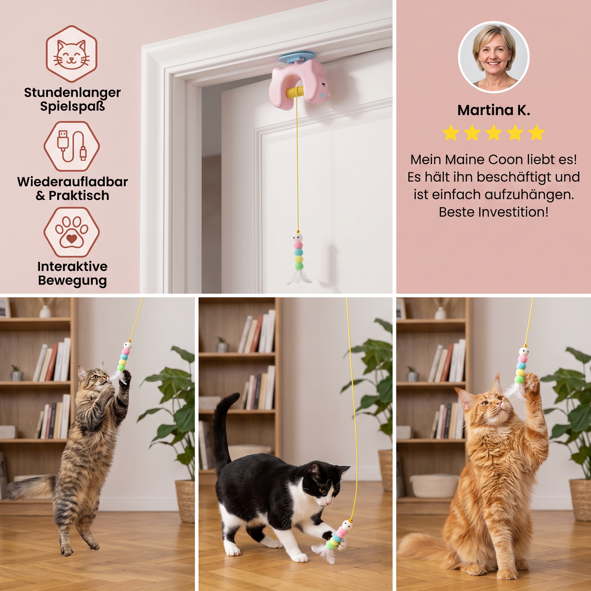 Wiederaufladbares hängendes Tür-Katzenspielzeug mit interaktiver fliegender Feder