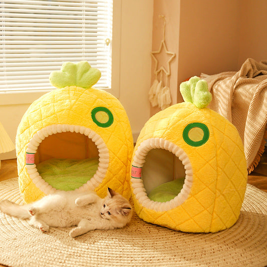 Katzenhöhle Ananas – Weiche und Gemütliche Schlafhöhle für Katzen, Haustierbett für Katzen im Frucht-Design