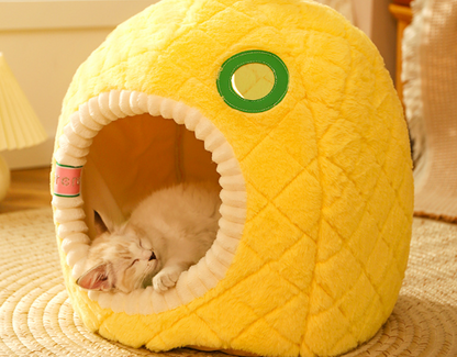 Katzenhöhle Ananas – Weiche und Gemütliche Schlafhöhle für Katzen, Haustierbett für Katzen im Frucht-Design