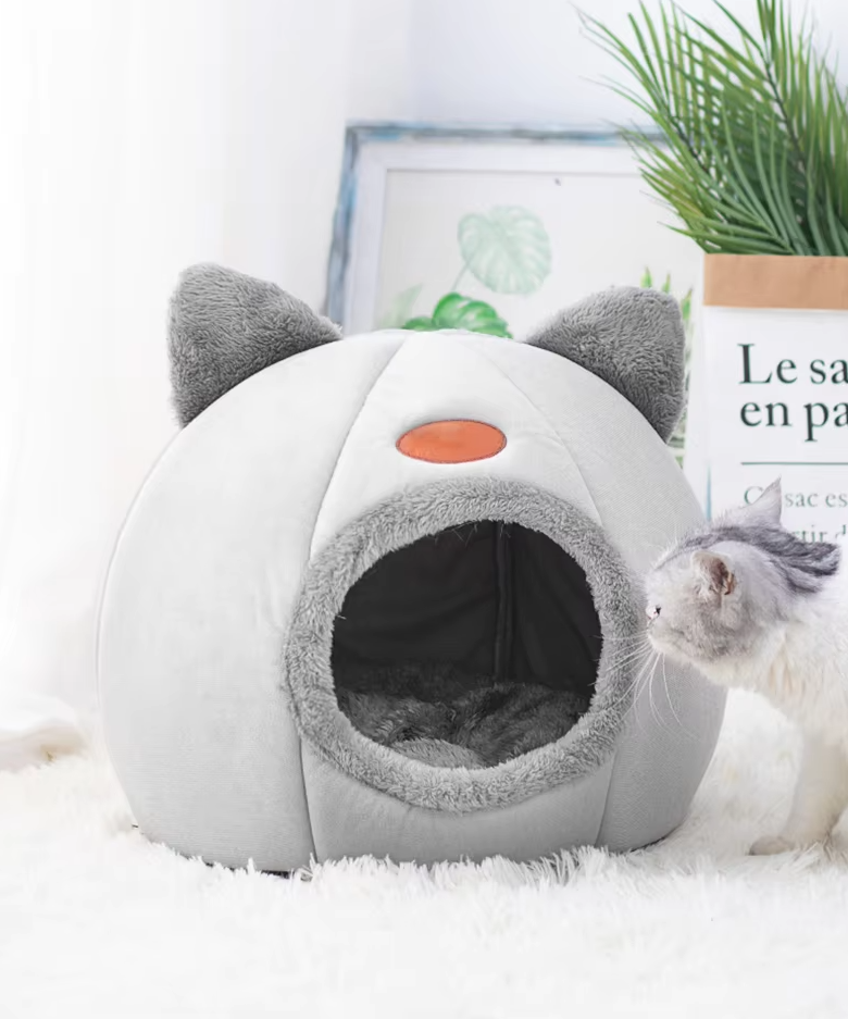 Katzenförmiges Kuschelbett für Haustiere – Weiches  Wärmendes Katzenhaus mit Abnehmbarem Kissen