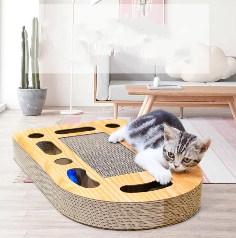 Katzen Kratzbrett mit Spielzeug – Kratzmatte aus Wellpappe und Holzrahmen