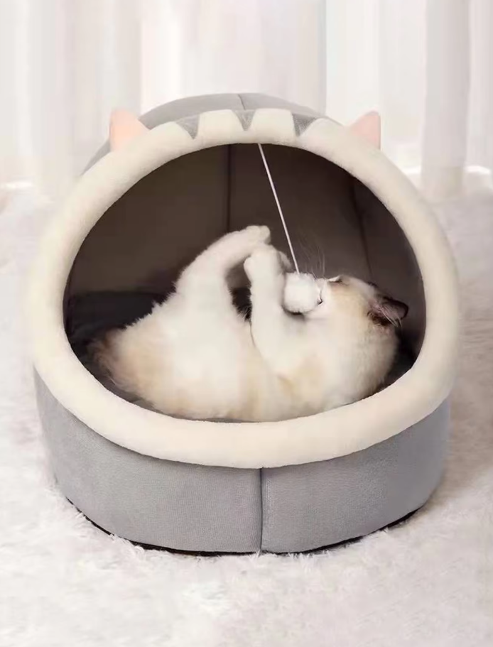 Kuscheliges Katzenbett Höhle – Weiches Iglo Mit Ohren  Spielball