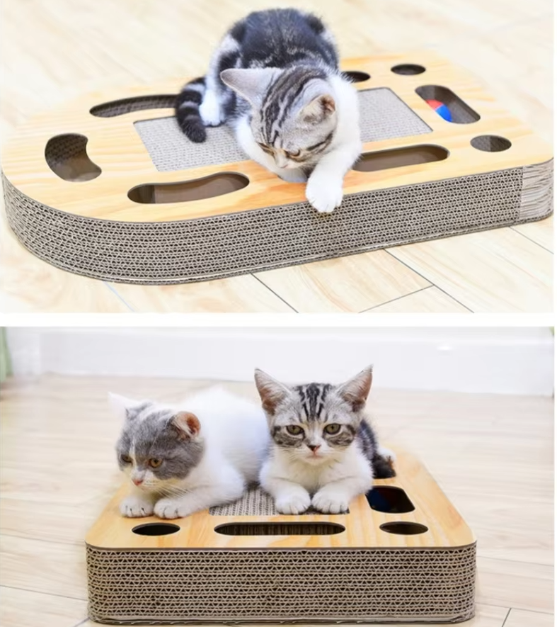Katzen Kratzbrett mit Spielzeug – Kratzmatte aus Wellpappe und Holzrahmen
