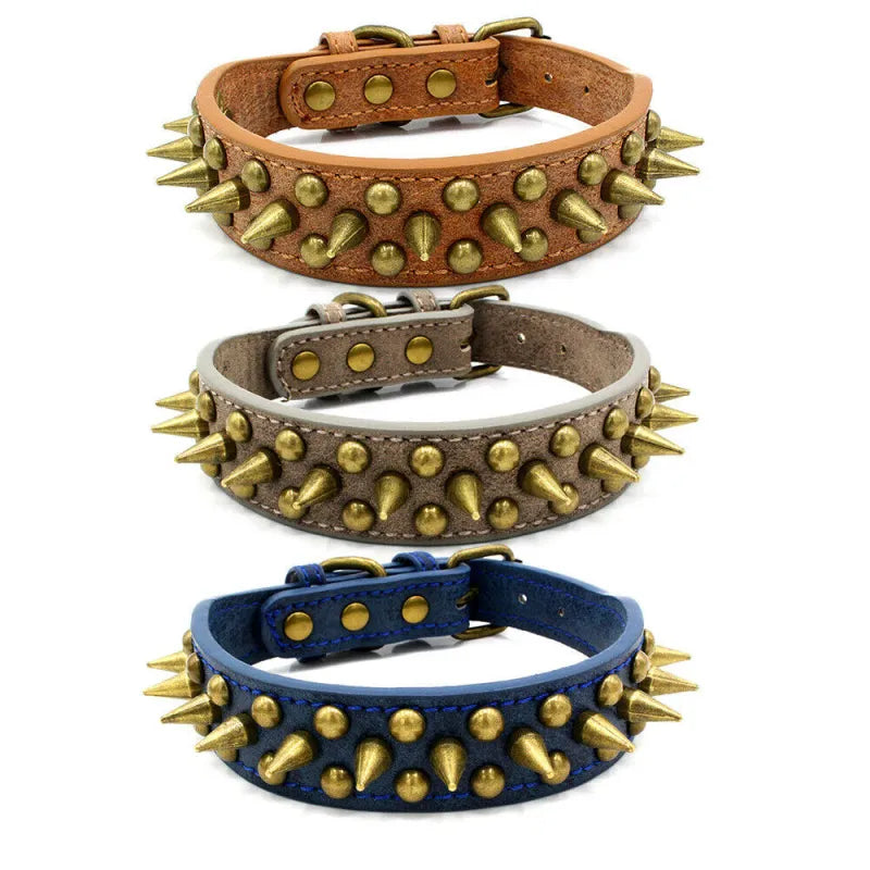 Leder Hundehalsband mit Nieten und Stacheln in 3 Farben