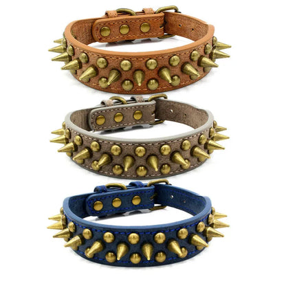 Leder Hundehalsband mit Nieten und Stacheln in 3 Farben