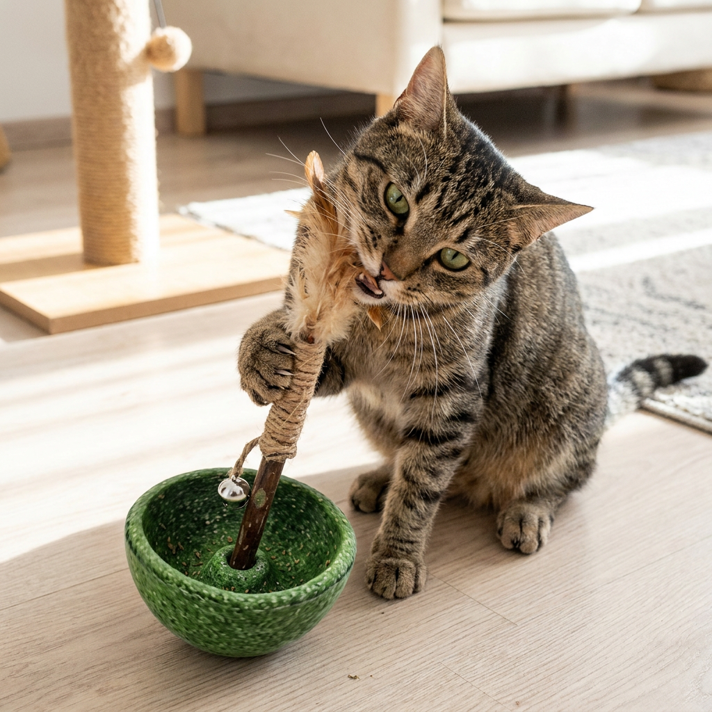 Zahnpflegendes Katzenminze-Tumbler-Katzenspielzeug – Interaktiver Feder-Teaser mit Glöckchen