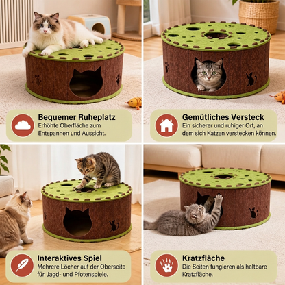 4-in-1-Faltbares Katzen-Tunnelhaus – Interaktives Versteck, Kratzbaum und Spielbett