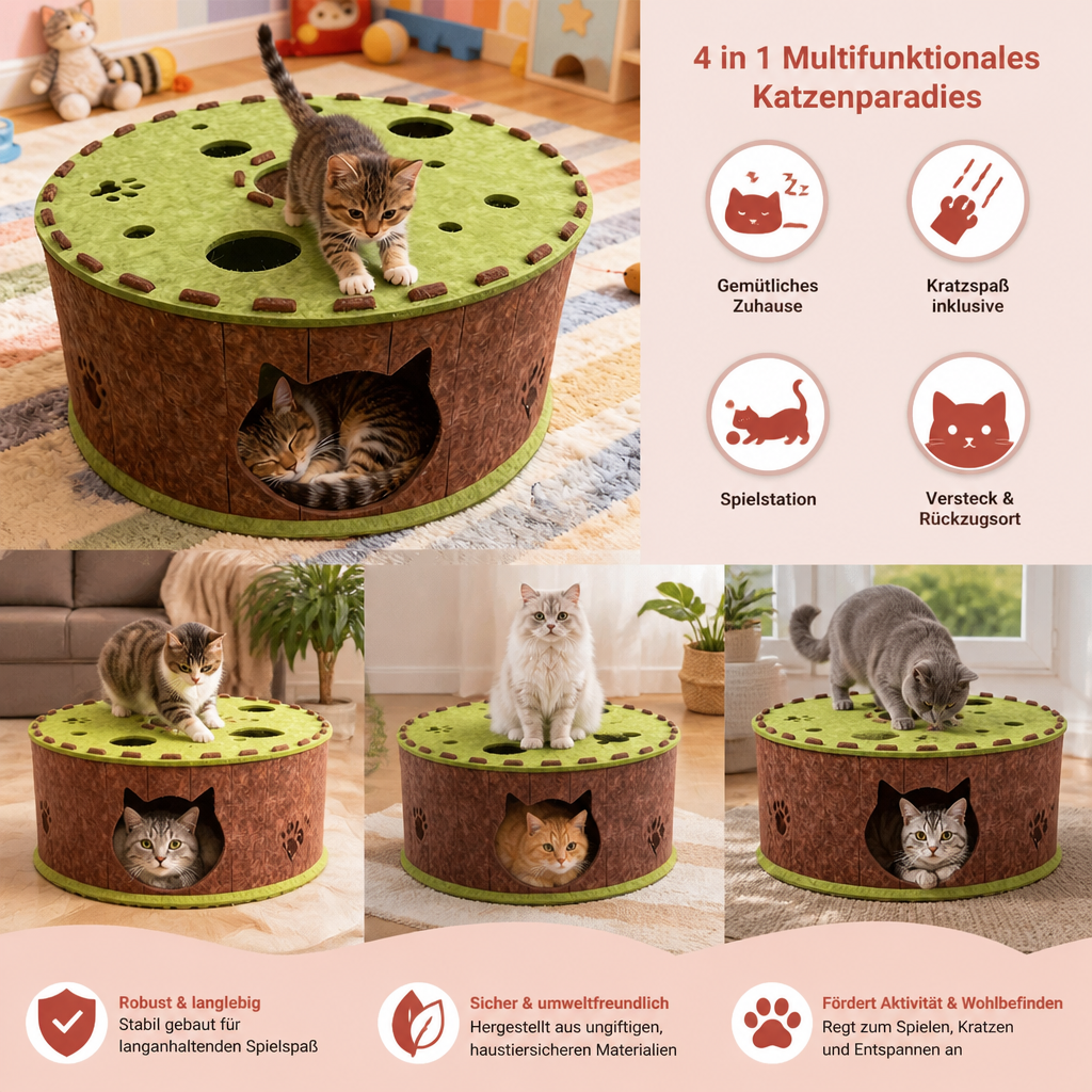 4-in-1-Faltbares Katzen-Tunnelhaus – Interaktives Versteck, Kratzbaum und Spielbett