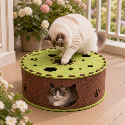 4-in-1-Faltbares Katzen-Tunnelhaus – Interaktives Versteck, Kratzbaum und Spielbett