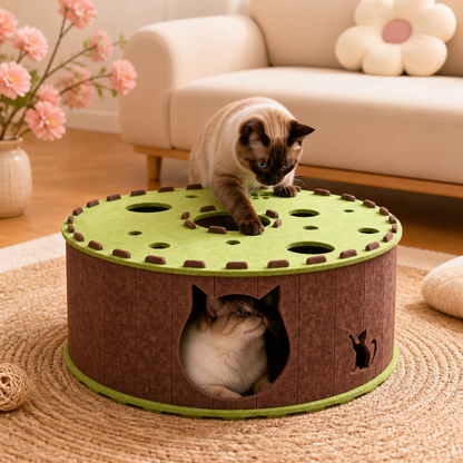 4-in-1-Faltbares Katzen-Tunnelhaus – Interaktives Versteck, Kratzbaum und Spielbett