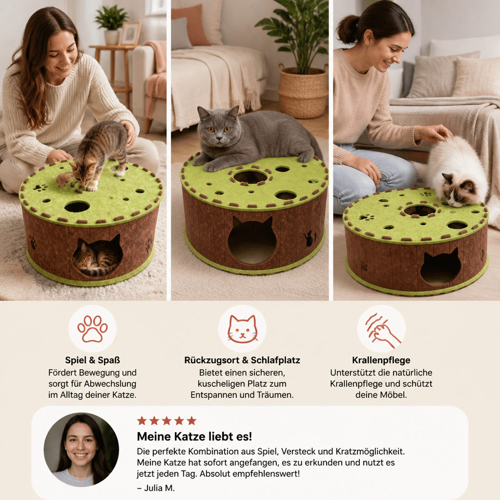 4-in-1-Faltbares Katzen-Tunnelhaus – Interaktives Versteck, Kratzbaum und Spielbett