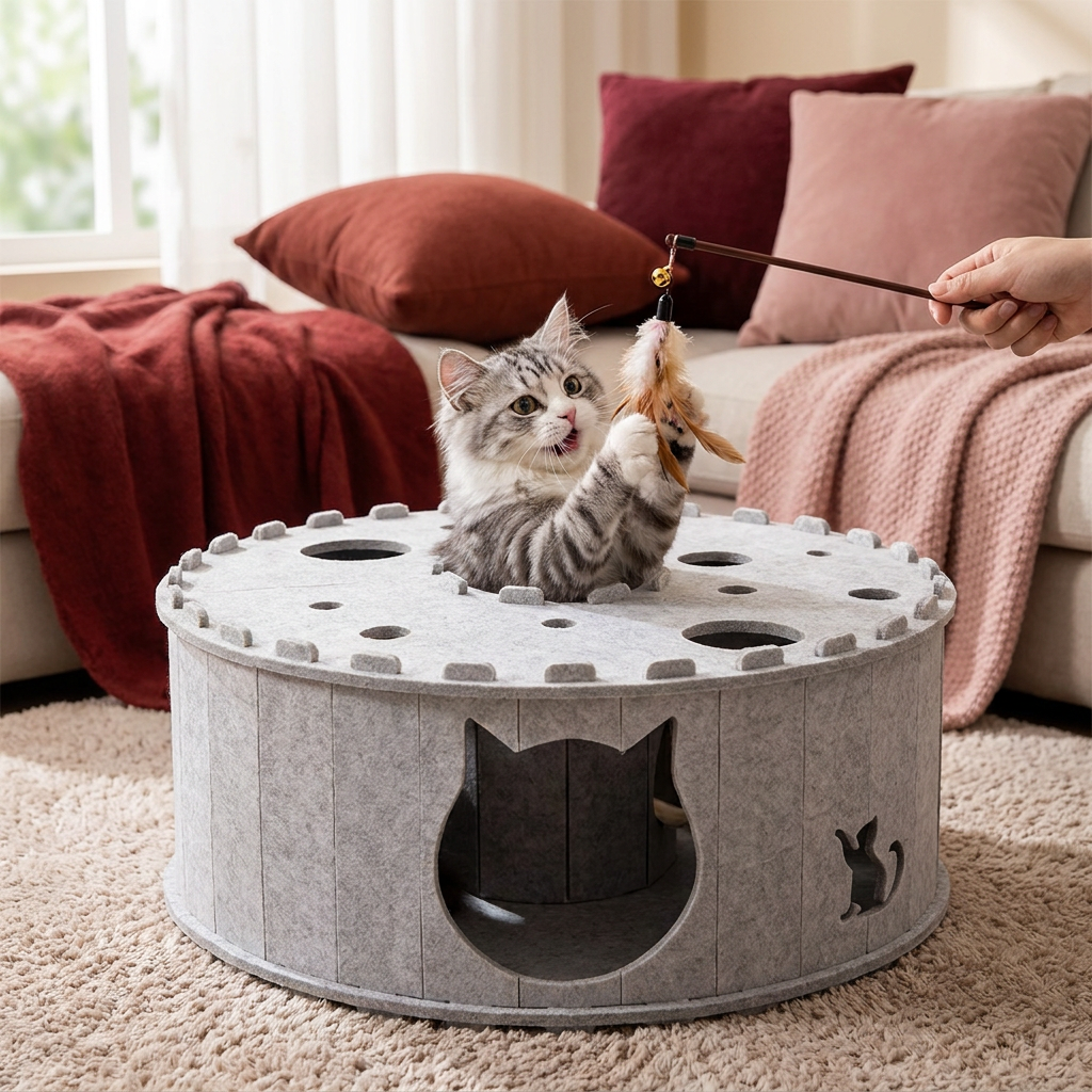 4-in-1-Faltbares Katzen-Tunnelhaus – Interaktives Versteck, Kratzbaum und Spielbett