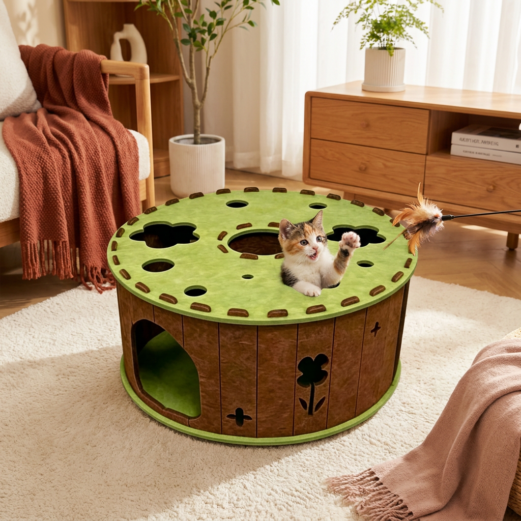 4-in-1-Faltbares Katzen-Tunnelhaus – Interaktives Versteck, Kratzbaum und Spielbett