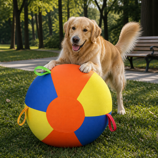 Interaktiver bunter Treibball mit Griffen für Hunde – Robustes Outdoor-Trainingsspielzeug
