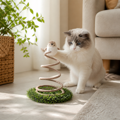 Interaktives Feder-Vogelspielzeug für Katzen mit Grasbasis