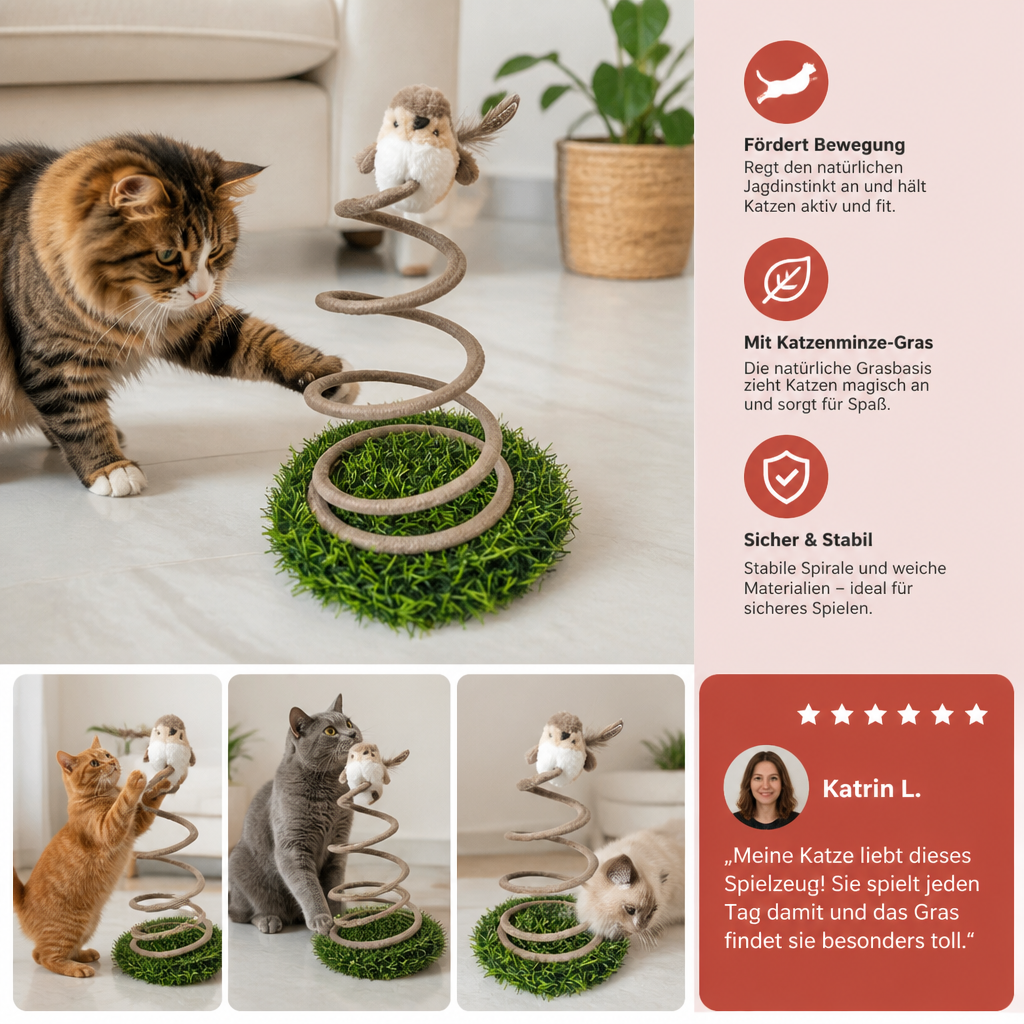 Interaktives Feder-Vogelspielzeug für Katzen mit Grasbasis