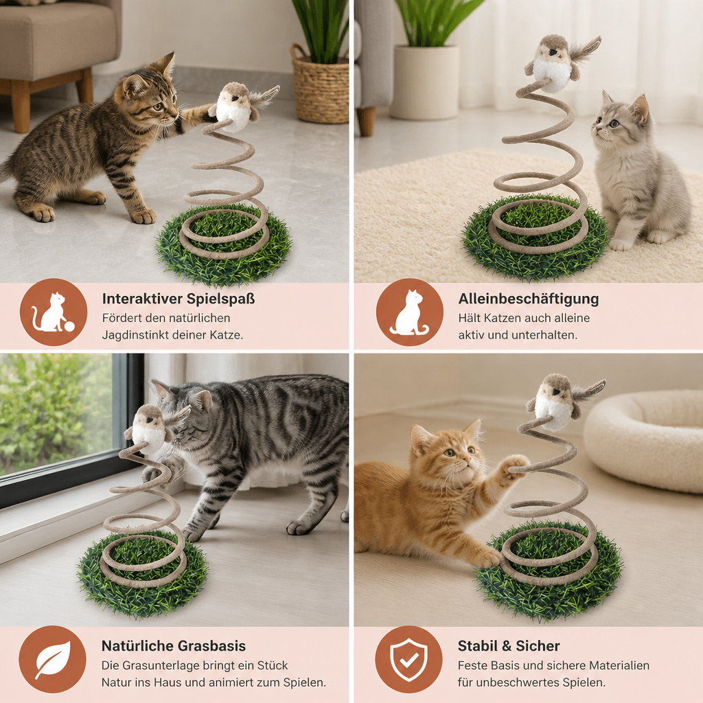 Interaktives Feder-Vogelspielzeug für Katzen mit Grasbasis