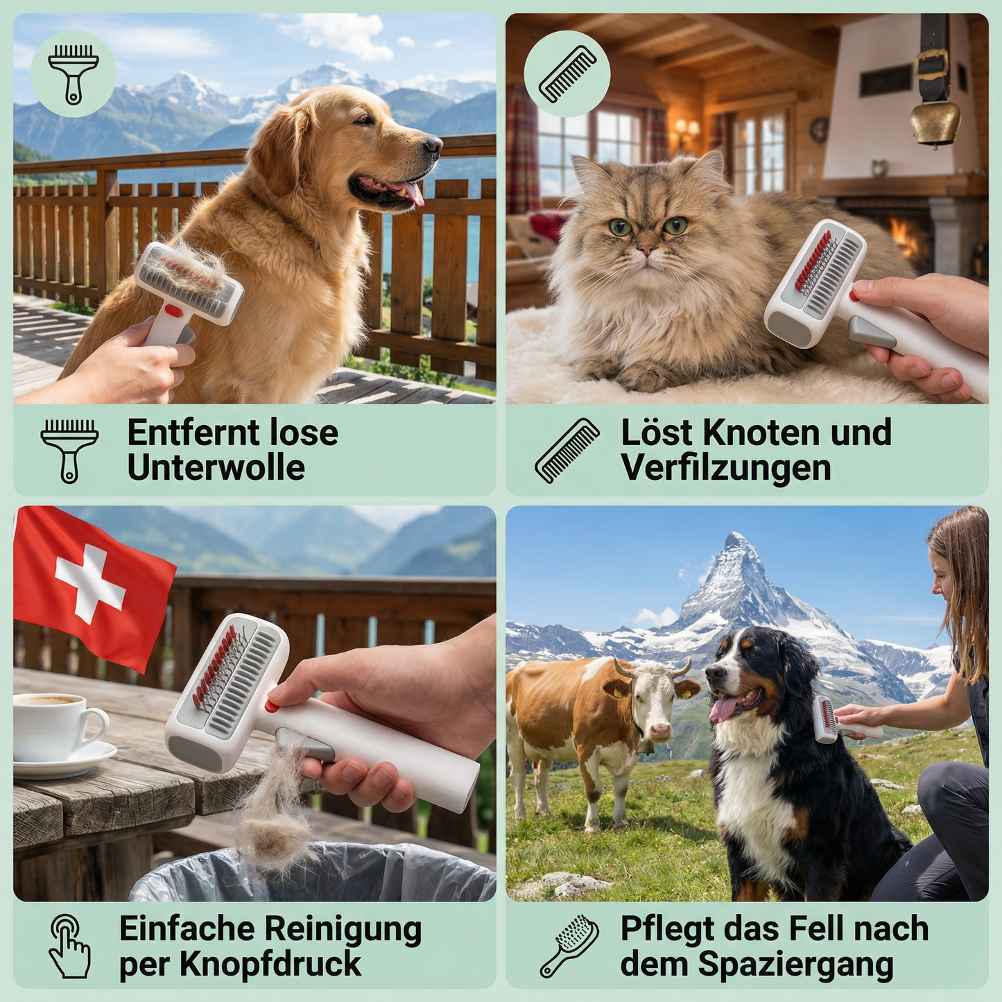 2-i-1 Fellpflege- und Klippborste für Hunde und Katzen – Tov- und Unterwollkammer für lange und kurze Haare