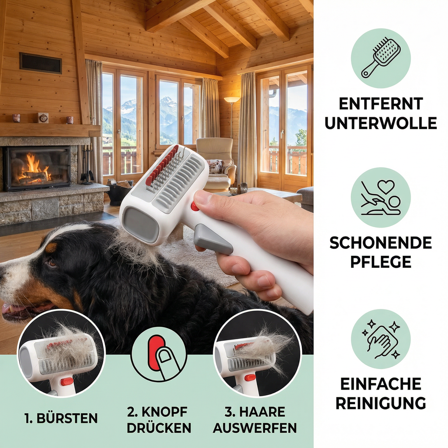 2-i-1 Fellpflege- und Klippborste für Hunde und Katzen – Tov- und Unterwollkammer für lange und kurze Haare