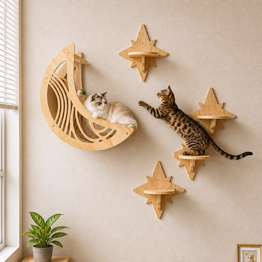 Modernes Katzen-Kletterwand-Set aus Holz mit Mond- & Stern-Design inklusive Liegefläche