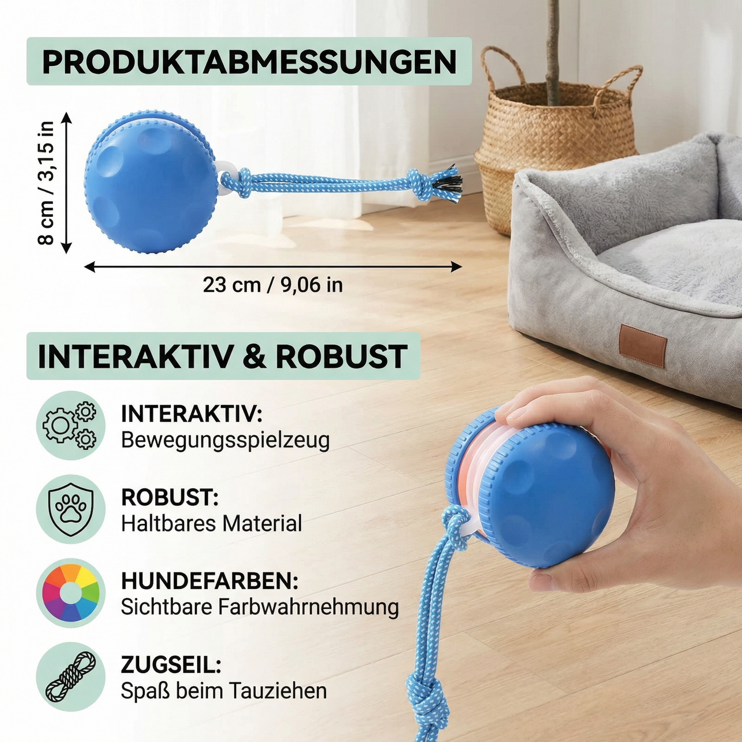 Interaktiver & Robuster Hundeball – Bewegungsspielzeug mit Zugseil in Hundefarben