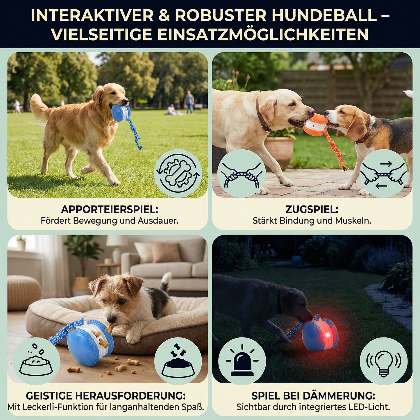 Interaktiver & Robuster Hundeball – Bewegungsspielzeug mit Zugseil in Hundefarben