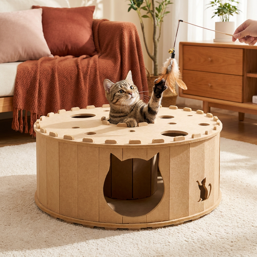 4-in-1-Faltbares Katzen-Tunnelhaus – Interaktives Versteck, Kratzbaum und Spielbett